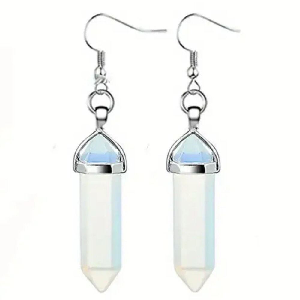Hexagon Point Dangle Earrings Opal Glass Stone